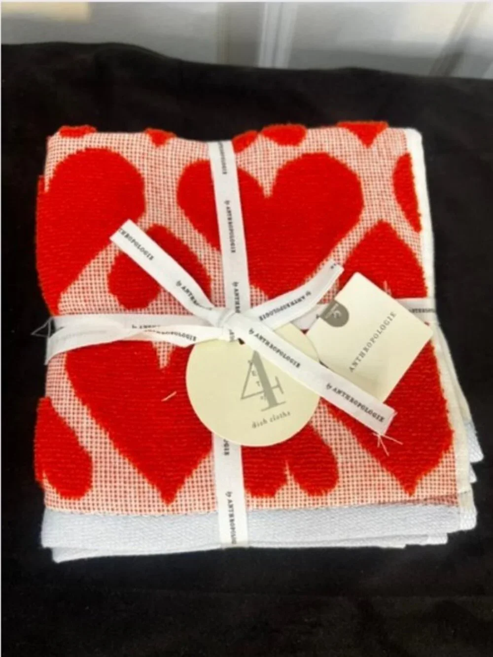 Anthropologie Icon Heart Jacquard Dishcloths in Red and Lavender, Set of 4 - NWT